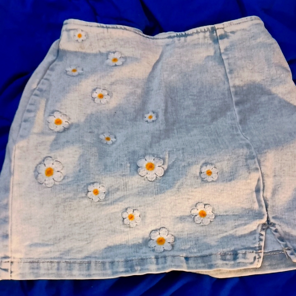 Denim Skirt with Daisy Embroidery